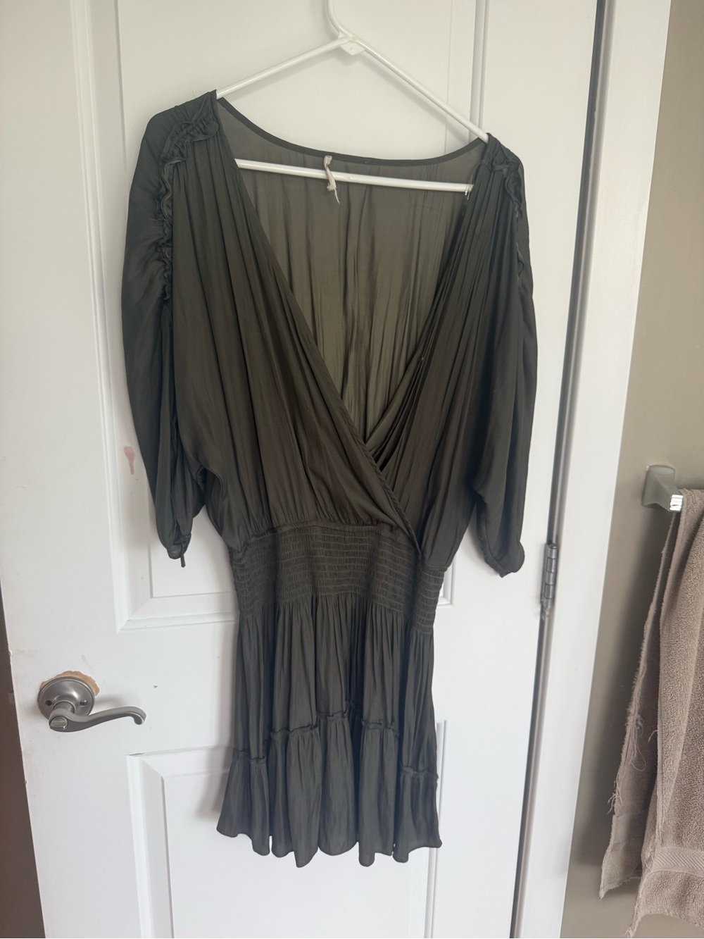Flowy Olive Green V-Neck Smocked-Waist Mini Dress